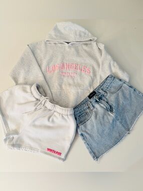WHITE FOX  Boutique 3 Piece Set! INCLUDES JEAN MINI SHIRT, Hoodie, and Shorts